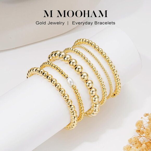 Women's 14k Real Gold Plated Trendy Beaded Stack Adjustable Pearl Bracelet Set - Picture 5 of 7